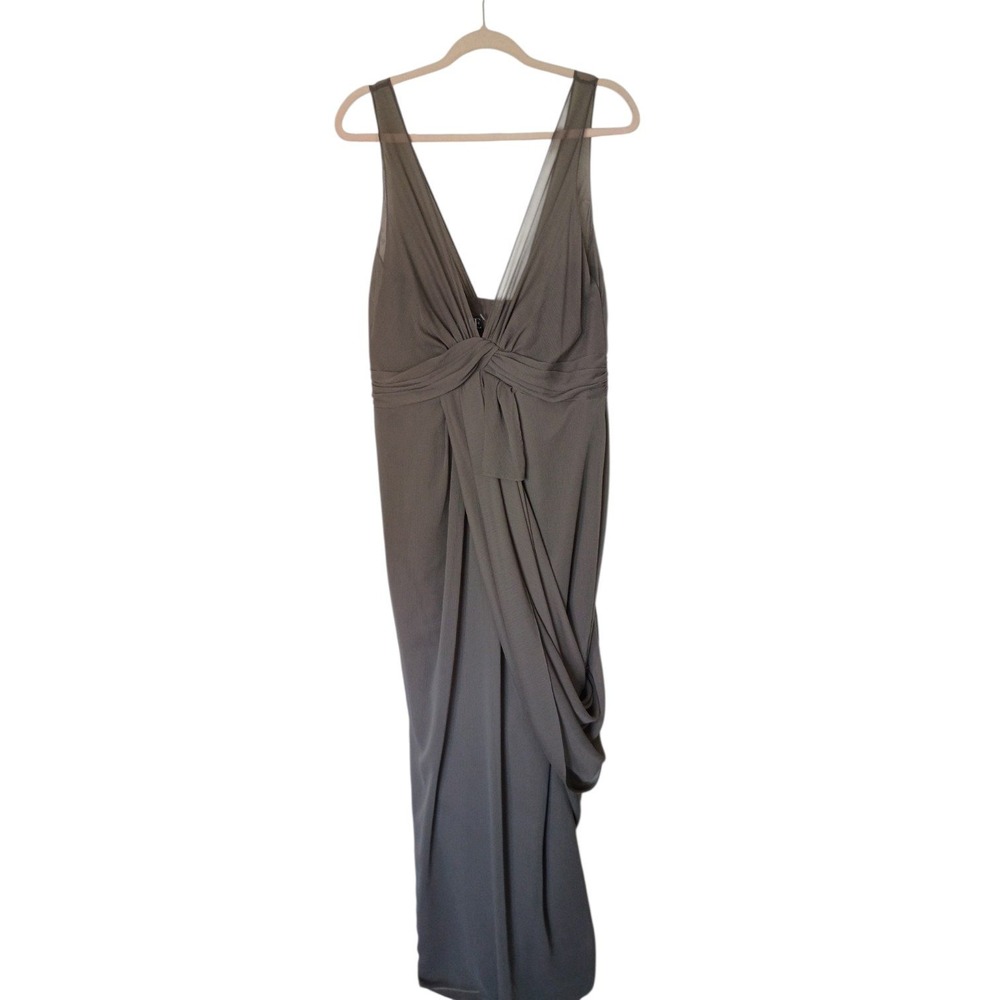 Amsale Charcoal Gray Draped V-Neck Maxi Gown Ruched Formal Evening Dress Size M